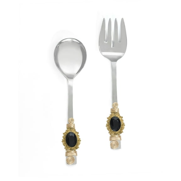 Yo Treasure Tiramisu Midnight Stainless Steel White Gold Black Crystal Salad Server Set