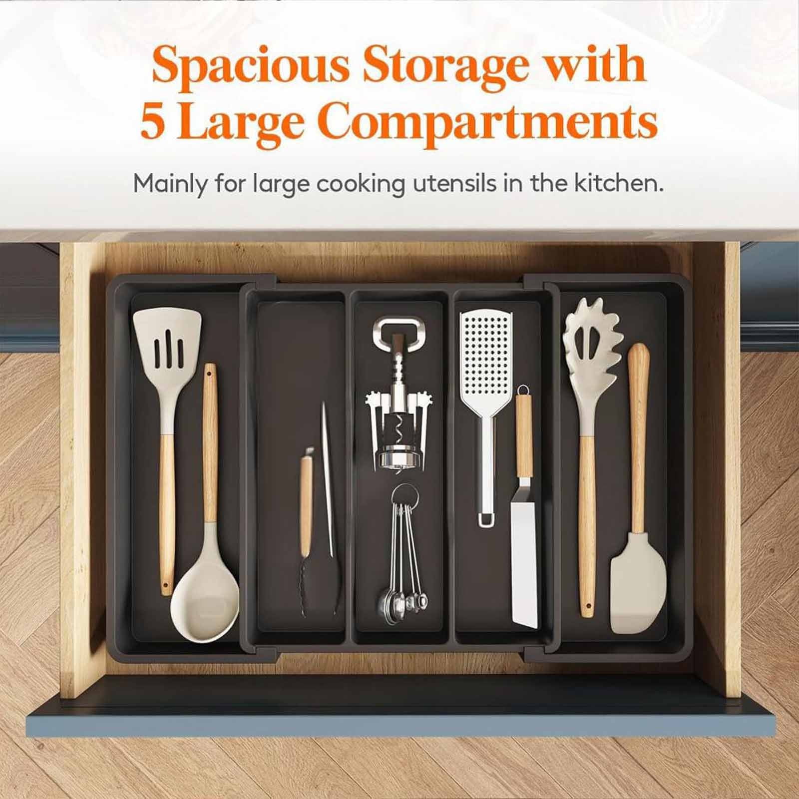 Silverware Organizer,Utensil Drawer Organizer,Drawer Storage Box,Kitchen Drawer Organizer,Plastic Cutlery Drawer Boxes for Kitchen and Household(Black 5pcs/Set 15.1x13.3x2.16in)from ANMUYUM