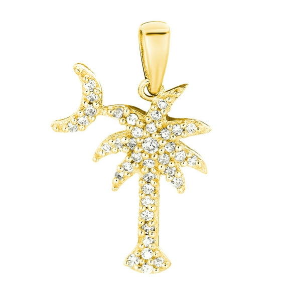 Sterling Silver Gold-Plated Palmetto Moon Tree Pendant with Cubic Zirconia, 20x15mm