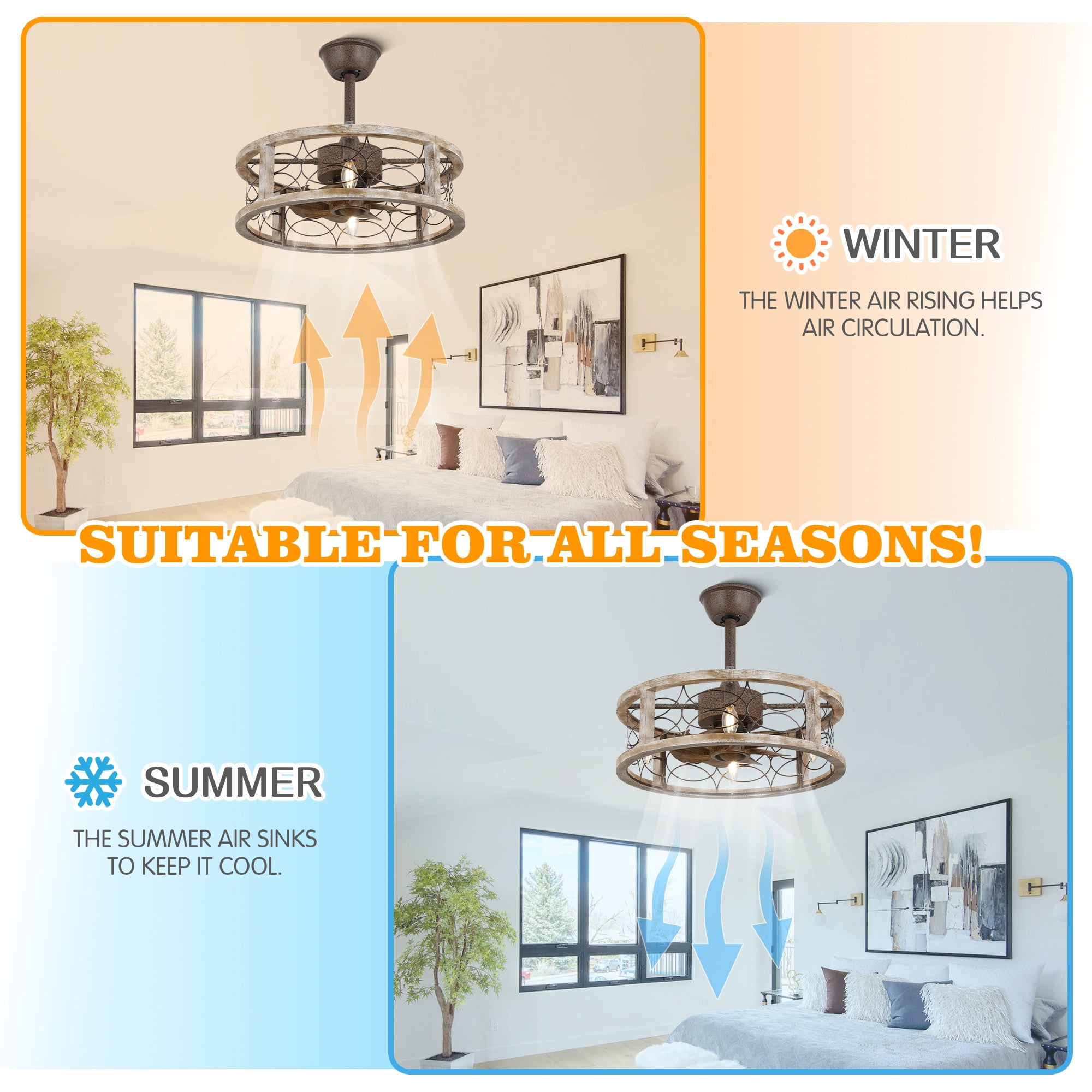 Bella Depot 18" Rustic Wood Caged Ceiling Fan with Light and Remote Control, 6-speed Farmhouse Chandelier