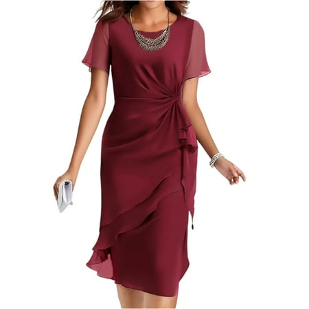Graduation Dresses  Formal Chiffon Round Neck Short Sleeve Slim Tunic Casual Beach Cocktail Wedding Guest Dress Shoes Men Cocktail For Tie Dye Dress Women Petite Dresses (XL  Wine) ZMTing