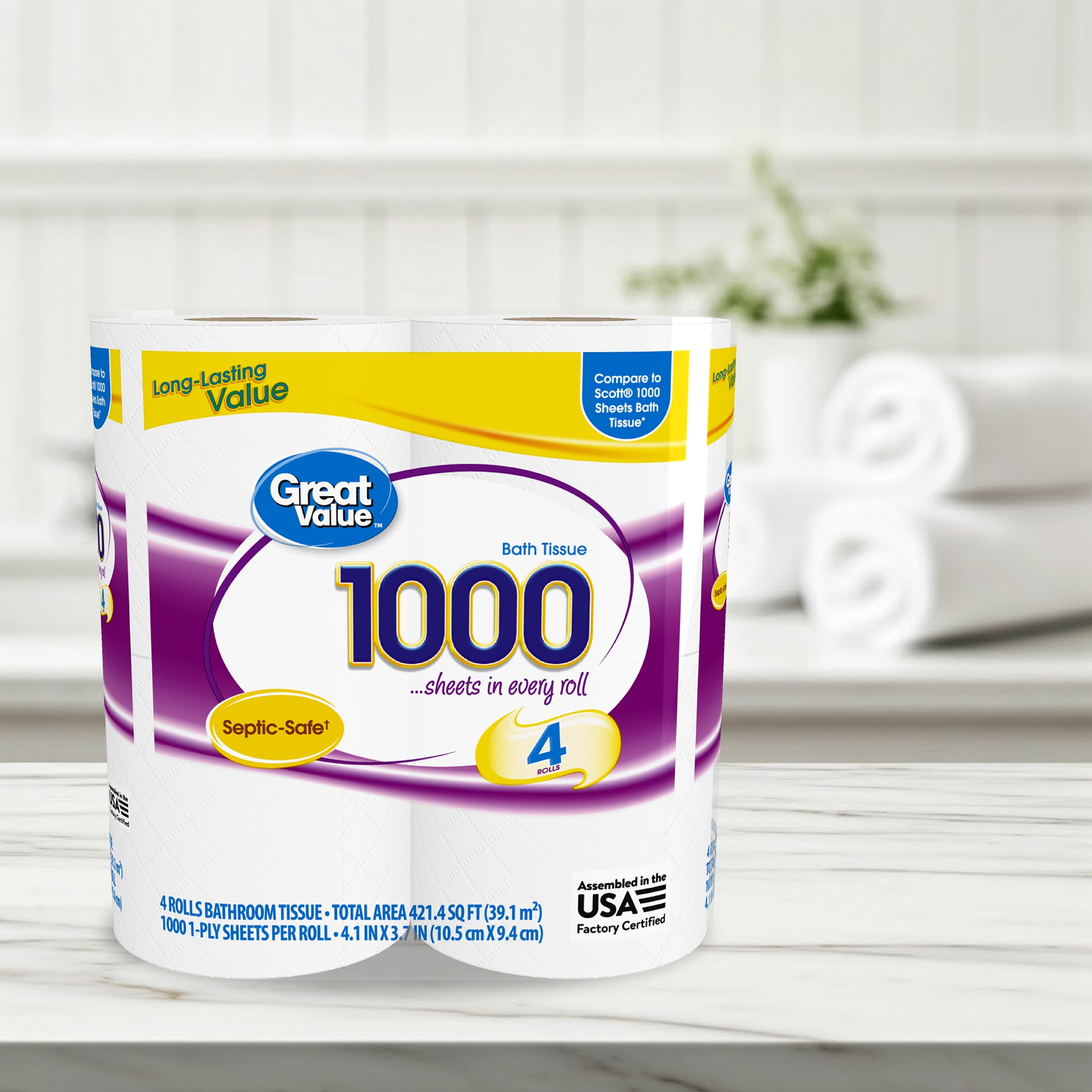 Great Value 1000 Sheets per Roll Toilet Paper, 4 Rolls