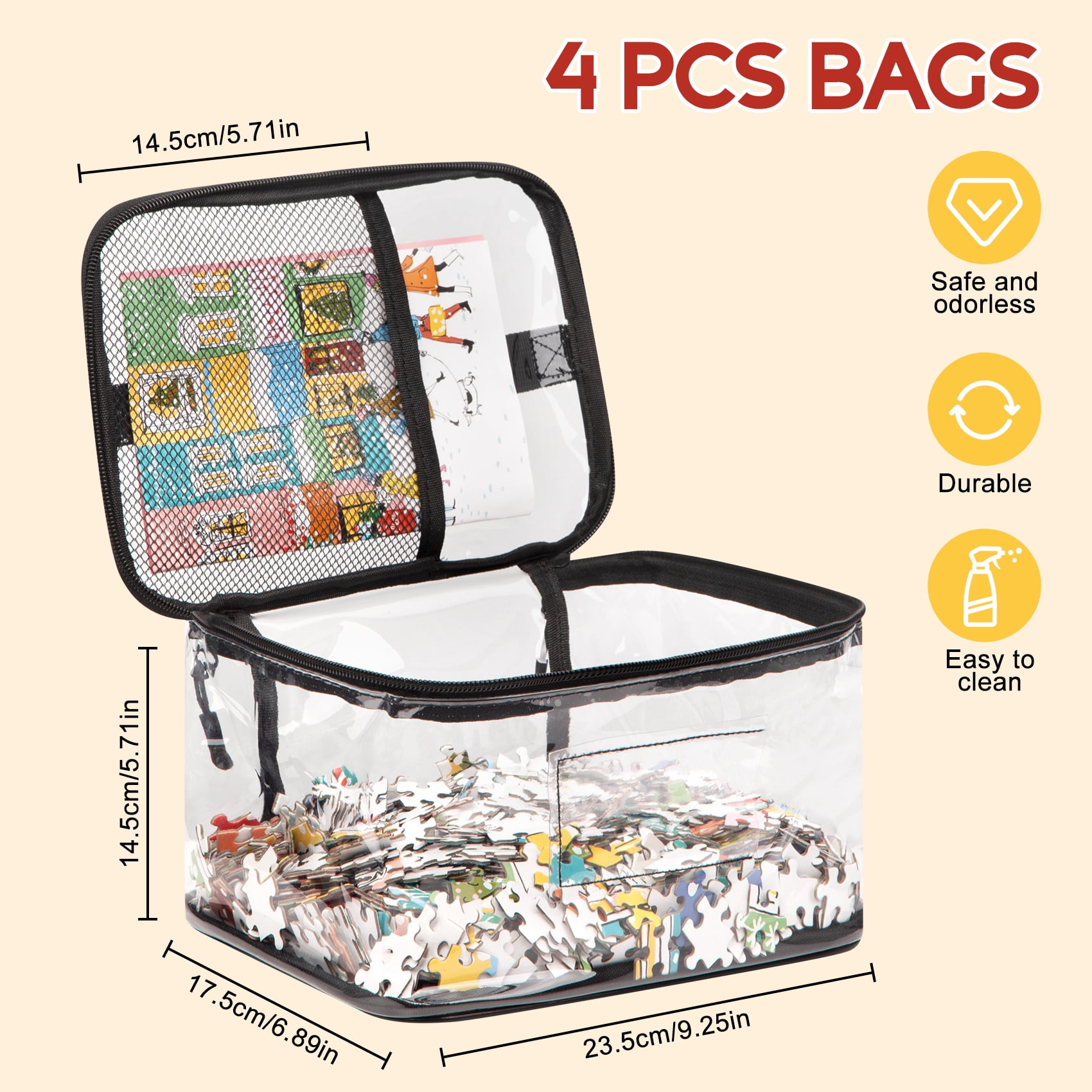 4-Pack Clear PVC Toy Storage Bags with Handles, Zippered Organizer Bags for Puzzles Board Games Legos, Playroom Storage Cases with Label