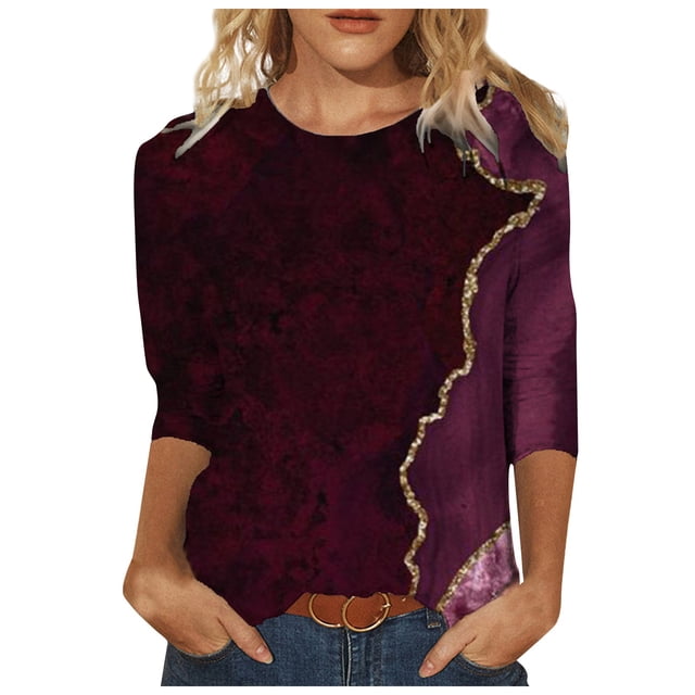 Leutsin T-Shirts Décontractés pour Femmes à Imprimé de Printemps, Manches Mi-Longues, Col Ras du Cou
