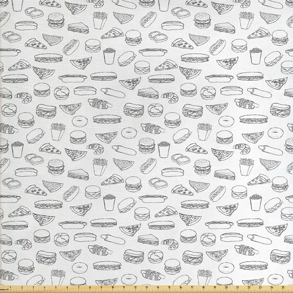 Food Fabric by the Yard, Simplistic Outline Drawings of Hot Dog Hamburger Pizza Slice French Fries, Upholstery Fabric for Dining Chairs Home Decor Accents, Charcoal Grey and White by Ambesonne