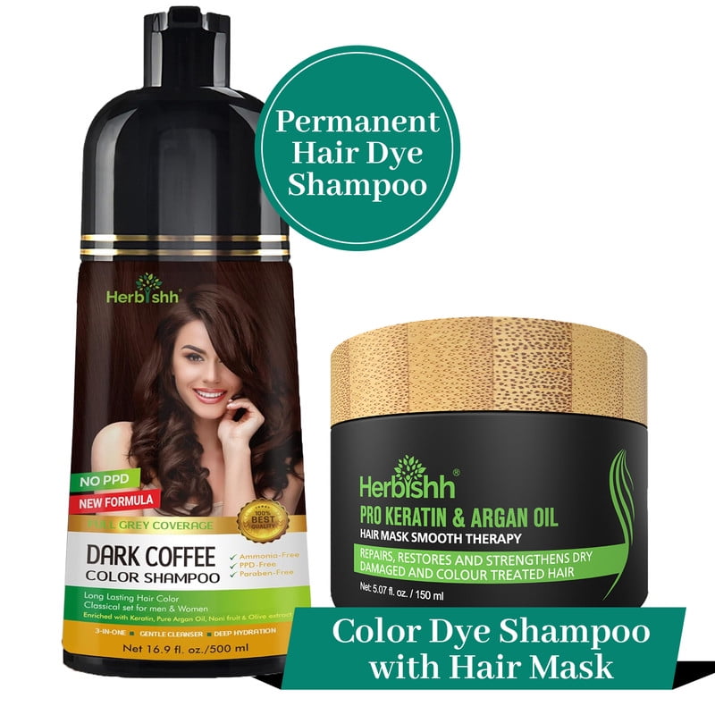 (6 pack) Herbishh Hair Color Shampoo for Grey Hair 500ml (Dark Coffee) + Argan Hair Mask | 3-in-1 Hair Dye Shampoo | Ammonia-Free | Covers Grey Hair for Men & Women