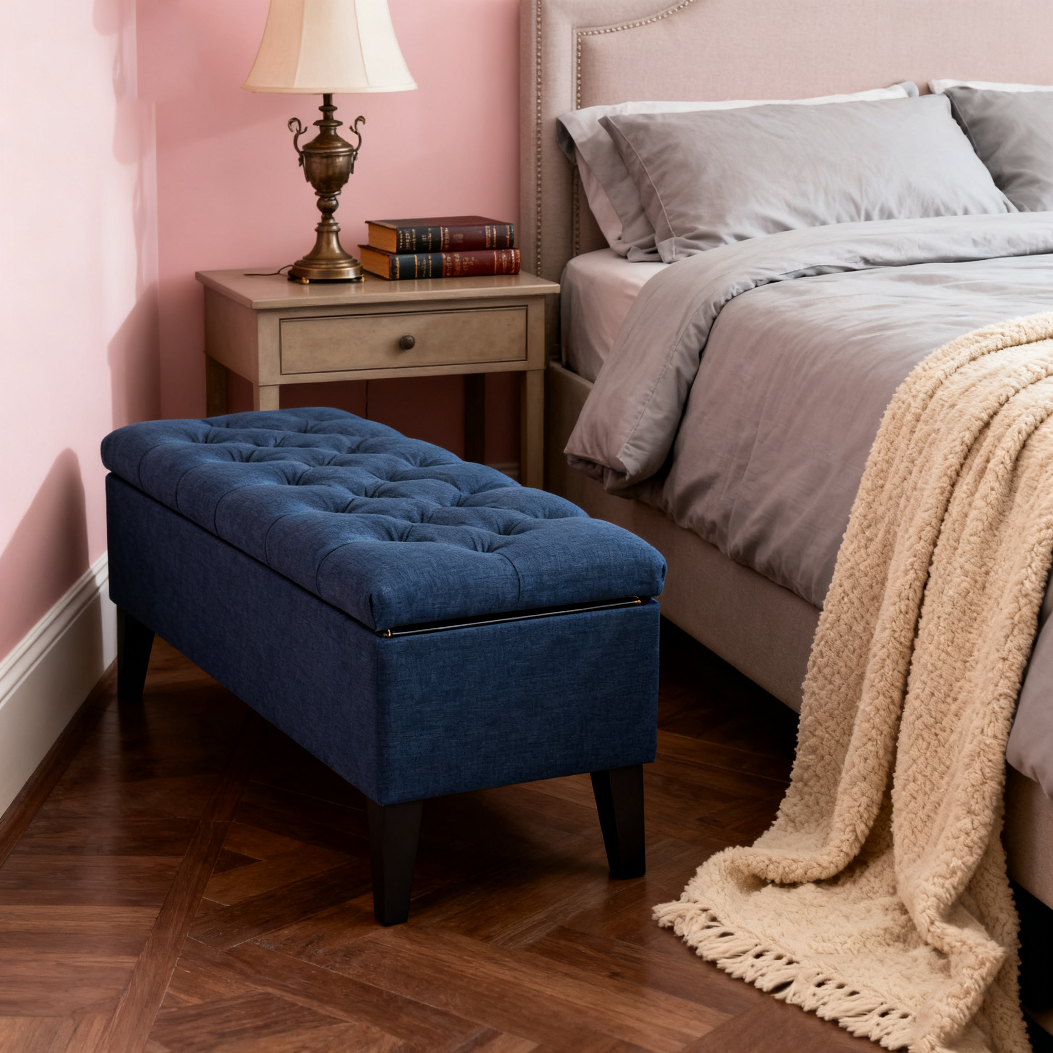 JERFIT Navy Blue Fabric Storage Ottoman Bench with Tufted Lid for Living Room