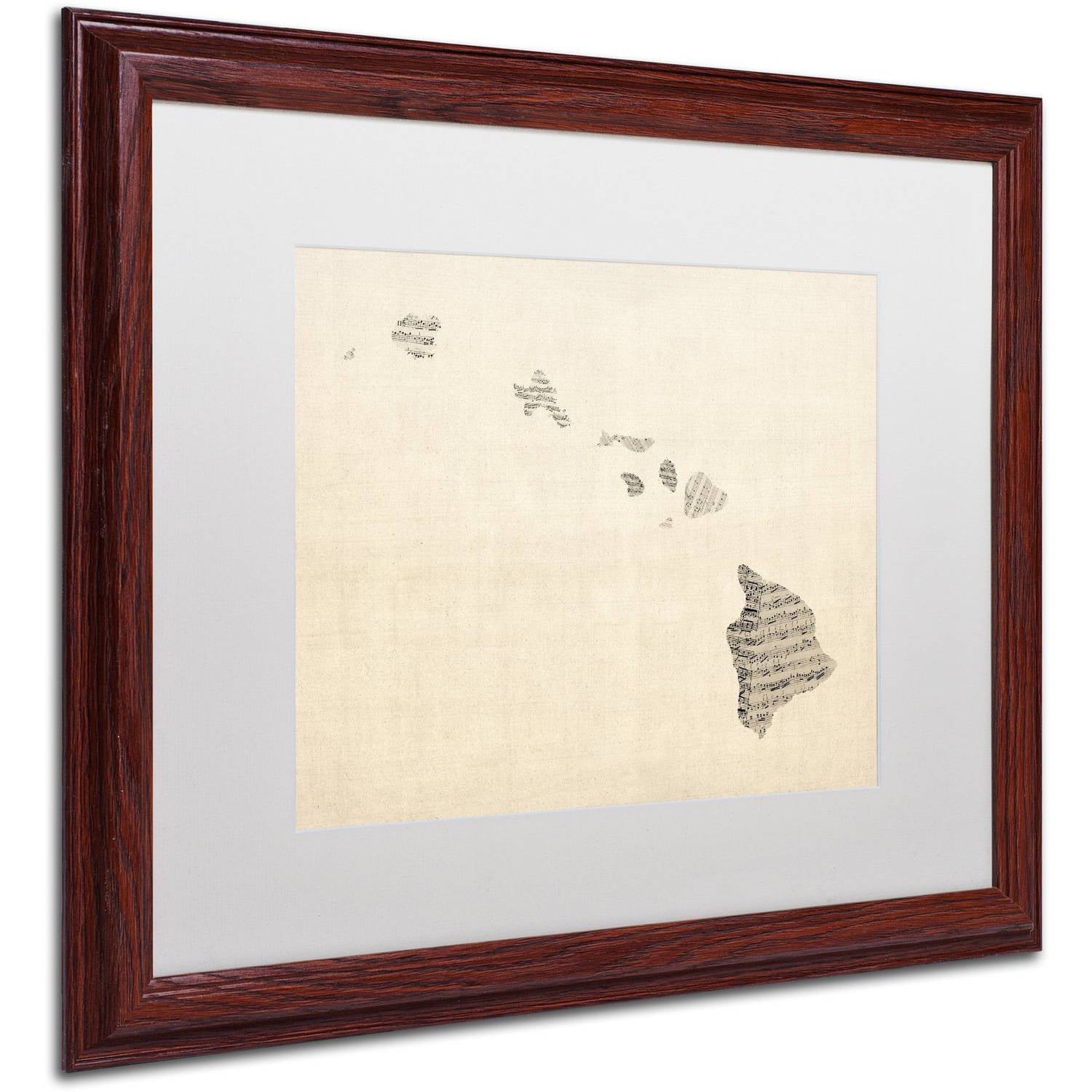 Trademark Fine Art 'Old Sheet Music Map of Hawaii' Canvas Art by Michael Tompsett, White Matte, Wood Frame