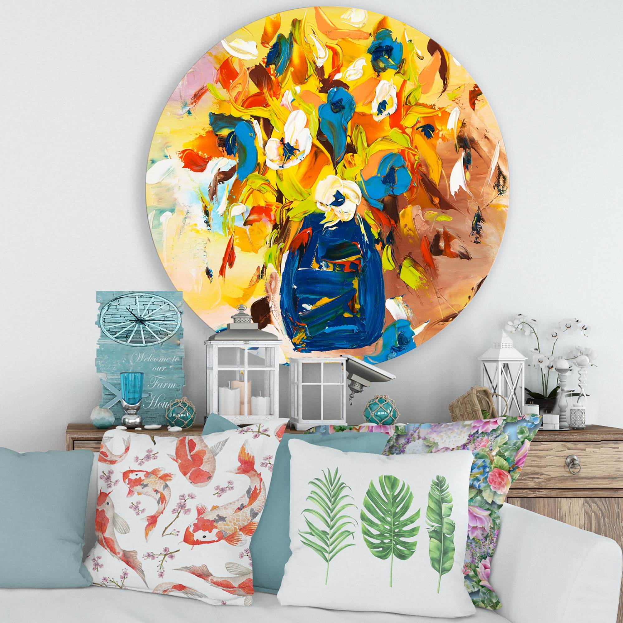 Designart 'A VIbrant Flower Bouquet In Blue and Yellow' Traditional Circle Metal Wall Art 36x36 - Disc of 36