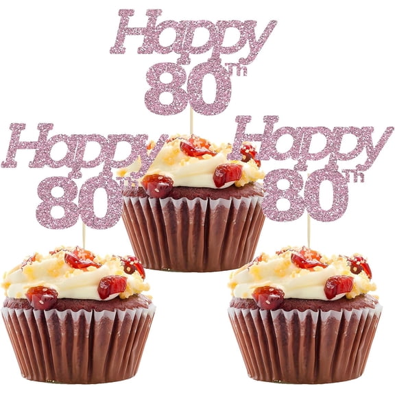 12pcs Happy 80th Cupcake Toppers Pink Glitter Cheers to 80 Years Old Cake Picks for Eighty Birthday Anniversary Party Decorations Supplies