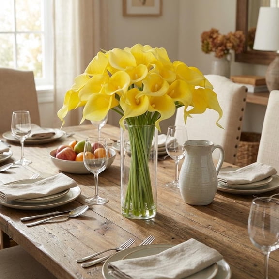 Garvee Real Touch Calla Lily Artificial Flowers, 24 Pcs with Glass Vase & Faux Water, 15" Long Stem for Wedding Centerpiece, Bridal Bouquet, Home and Party Decor (Yellow)