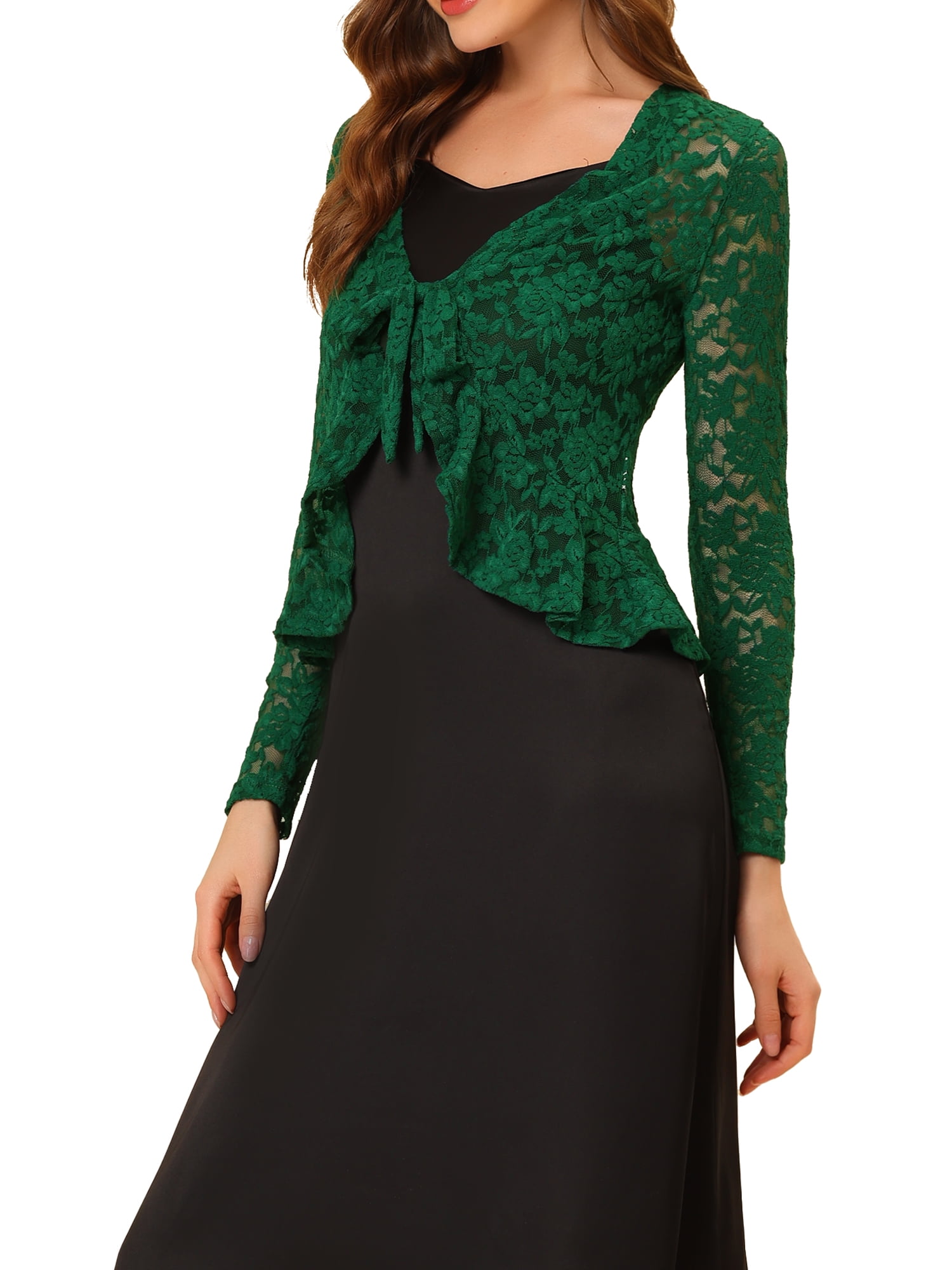 DARING DIVA Women's Ruffled Hem Floral Lace Crop Shrug Cardigan S Dark Green