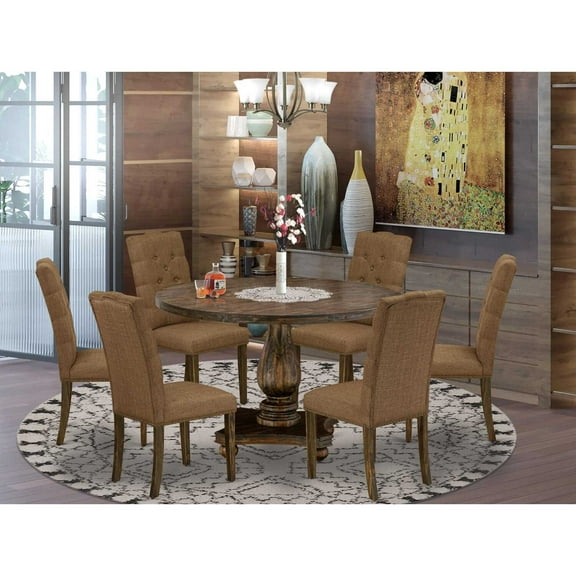 East West Furniture 7 Piece Dining Room Set Contains a Dining Table and 6 Brown Linen Fabric Parson Chairs with Button Tufted Back - Distressed Jacobean Finish