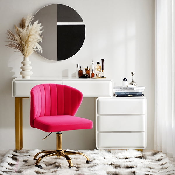 Tina's Home Fushia Velvet Swivel Office Chair with Gold Legs, Adjustable Height Rolling Desk Chair for Vanity