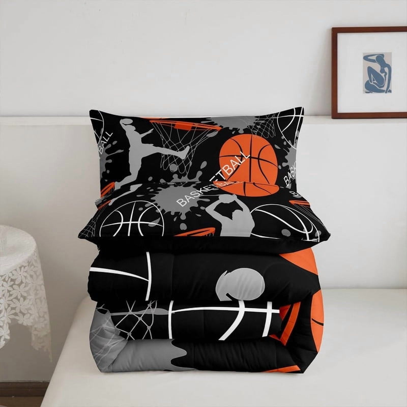 Basketball Comforter Set Twin Size - Black & Orange Sports Bedding for Boys & Teens, Soft Duvet Cover with Pillowcases, Cool Basketball Room Decor for Kids