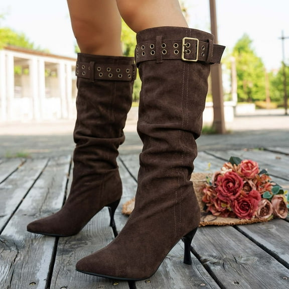 Viluyesy Womens Knee High Boots, Stiletto Heels Pointed Toe Wide Calf Suede Cowboy Slouchy Tall Boots Coffee US6.5