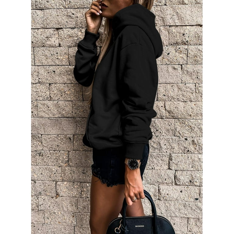 US12-14 Sweatshirts Jumper Color Cuffs Tops Dokotoo Black Hoodies Sleeve Solid Ribbed Hooded Women Long L Sweatshirt Pullover for