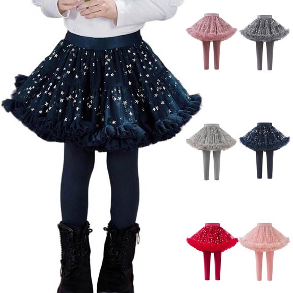 Swuxness Girls Elastic Leggings, Kids Fall Long Pants, Girls Print Elastic Waist Leggings with Mesh Skirt Fake Two Piece Bottoms Soft Casual Pants Red, 2-3 Years