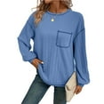 thumbnail image 4 of Htigea Long Sleeve Shirts for Women Casual Crew Neck Knit Ribbed Pullover Loose Cozy Fall Tops with Pocket Blue S, 4 of 7