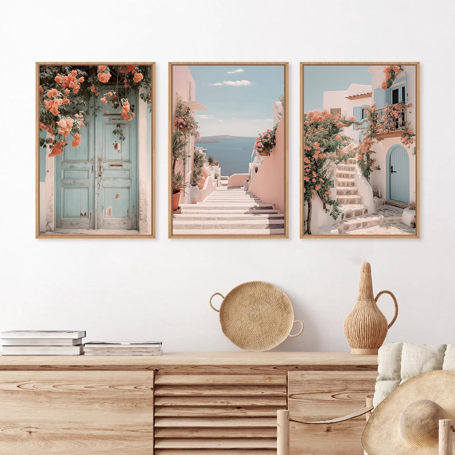 Italy Coast Cityscape Framed Canvas Wall Art Set, Neutral Italian Countryside Wall Decor, Aegean Santorini Landscape Wall Painting, Florida Beach Art Prints for Living Room, Bedroom 16"x24"x3
