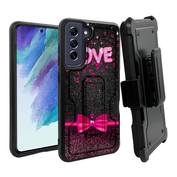 ANJ  Rugged Dual Layer Shockproof Holster Case w/Card Slot   Tempered Glass Cover for Samsung Galaxy S21 FE 5G - Love w/Pink Bow