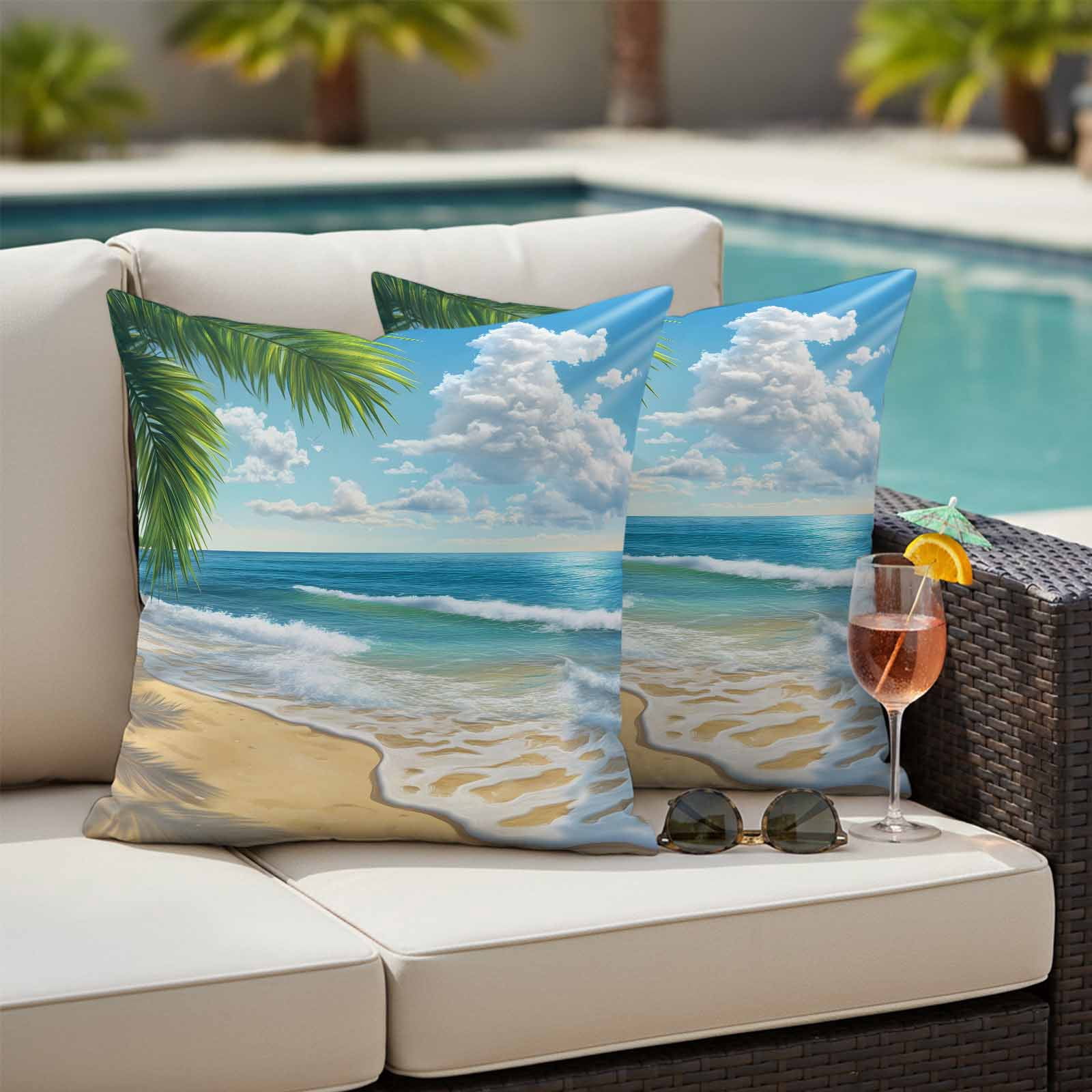 Waterproof Throw Pillow Covers 16x16 Set of 2, Summer Beach Blue Seawater Outdoor Pillowcases with Invisible Zipper, Tropical Plant Palm Tree Decorative Cushion Covers for Patio Garden Sofa Couch