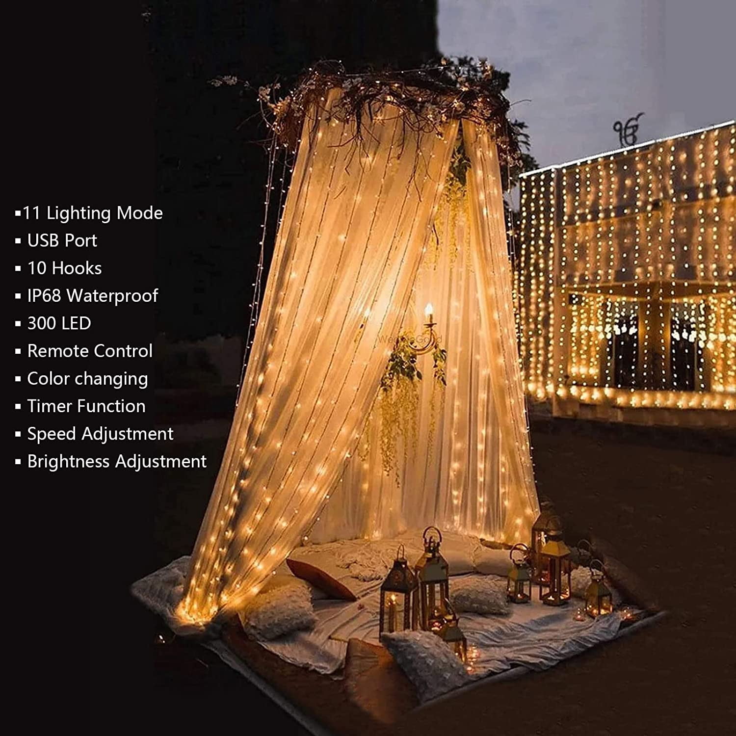 Curtain String Lights 11 Lighting Modes & Remote Tangle Free 9.8 x 9.8 FT 300 LED Color Changing Lights