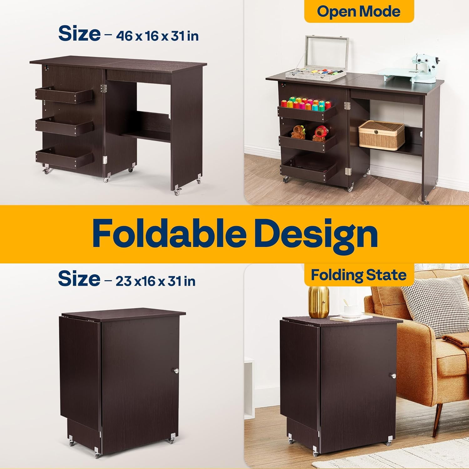 SPECSTAR Folding Sewing Craft Table, Rolling Sewing Machine Desk with Storage Shelves, Sewing Cabinet with Lift for Small Spaces, Dark Brown
