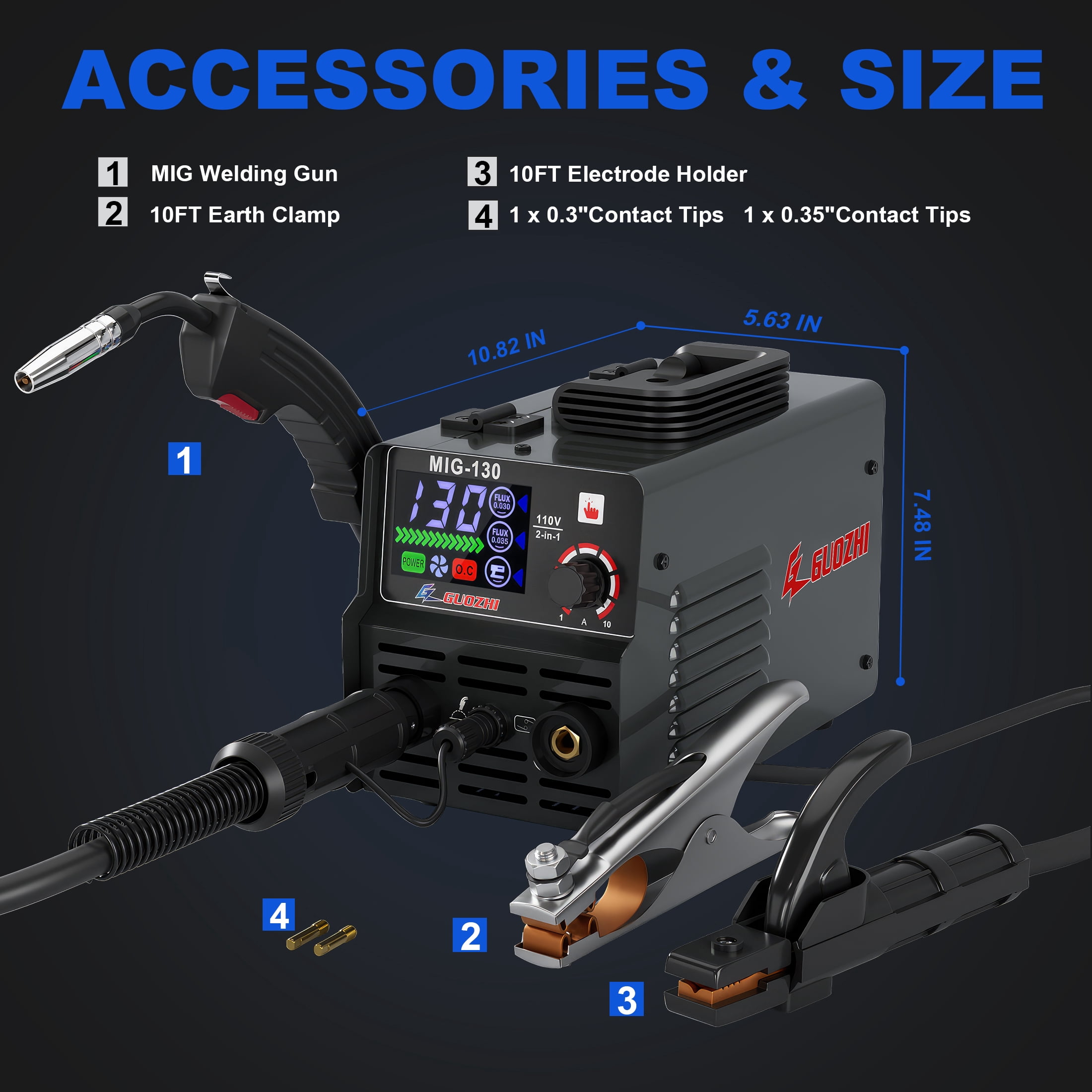 GZ GUOZHI 130A Portable MIG Welder,110V 2 in 1 Gasless Flux Core MIG/Stick Welding Machine with Large LED Display (8.5 LB)