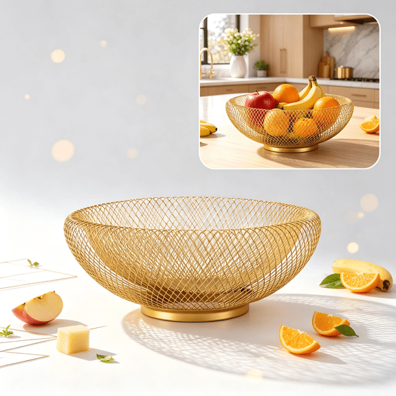 Metal Mesh Fruit Basket, Large Wire Storage Bowl for Countertop, Rust Resistant Holder for Fruits Vegetables, Kitchen Decor Organizer