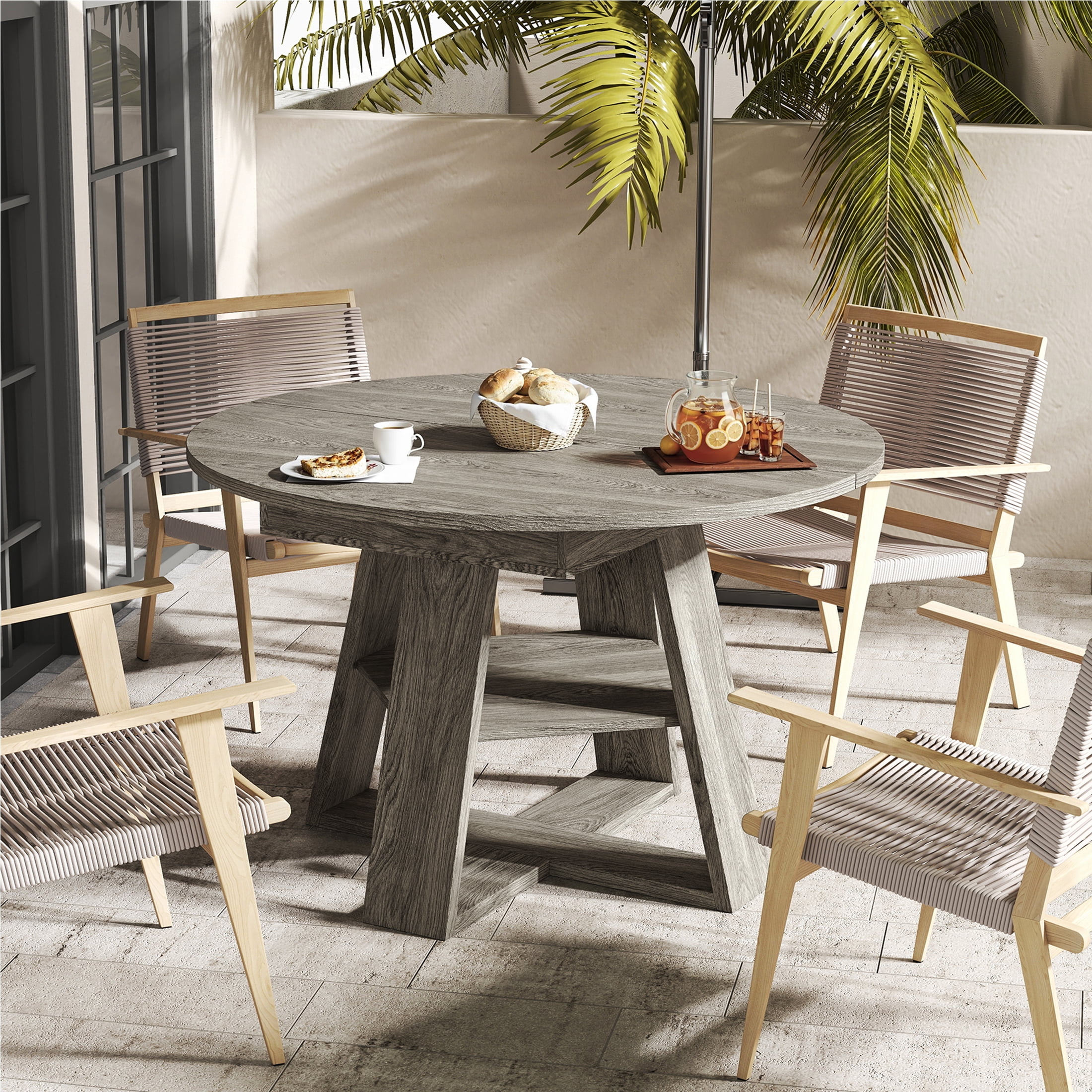 Hawsaiy 43.3-59 in Extendable Oval Dining Table for 4-6, Space-Saving Round Kitchen Table with Hidden Leaf Storage & Bottom Shelf for Small Space, Gray