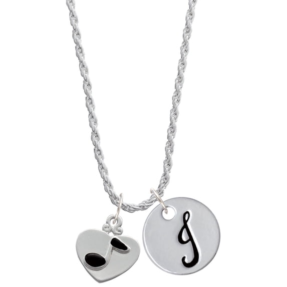 Delight Jewelry Silvertone Music Note in Heart Silvertone Script Initial Disc - J - Charm Necklace, 20"+3"