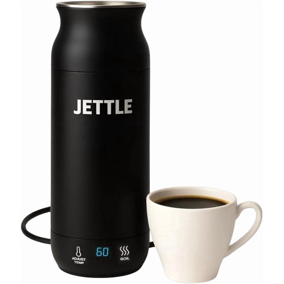 Jettle Travel Electric Kettle 450ml - Portable Bottle-Style Water Heater with Temperature Control & Auto Shut-Off - Stainless Steel for Tea, Coffee & Soup - Black