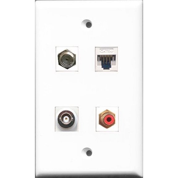 RiteAV 1 Port RCA Red and 1 Port Coax Cable TV- F-Type and 1 Port BNC and 1 Port Cat5e Ethernet White Wall Plate
