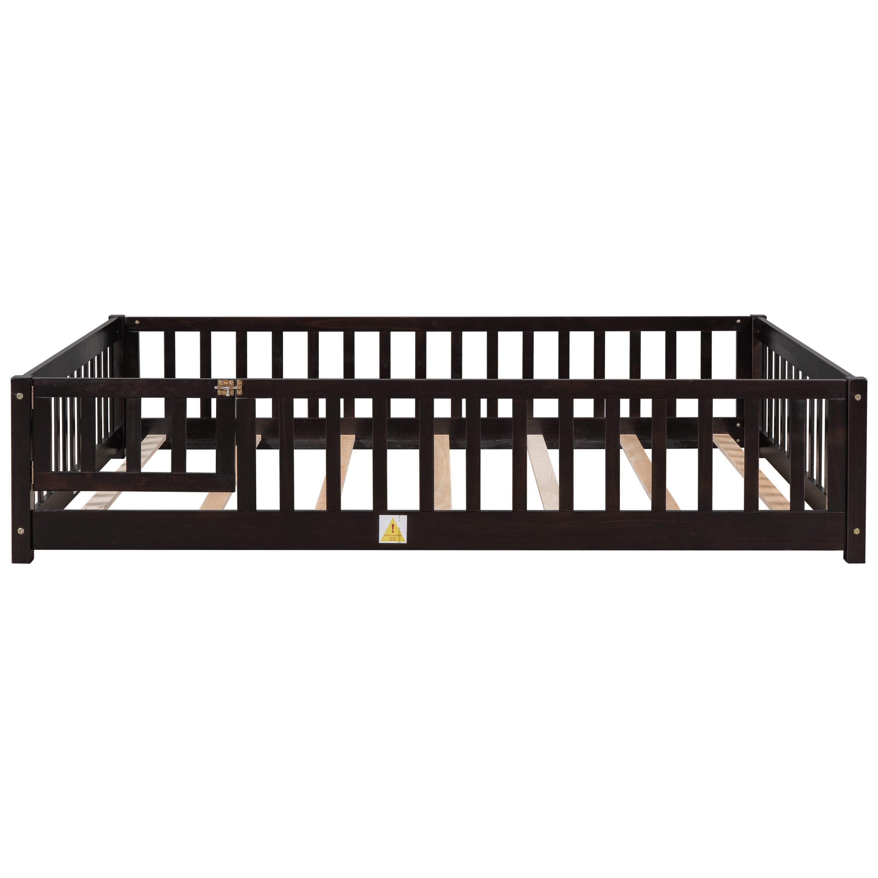 Bellemave Full Size Floor Beds with Door, Wood Montessori Bed with Fence Railings & Support Slats, No Box Spring Needed (Espresso)