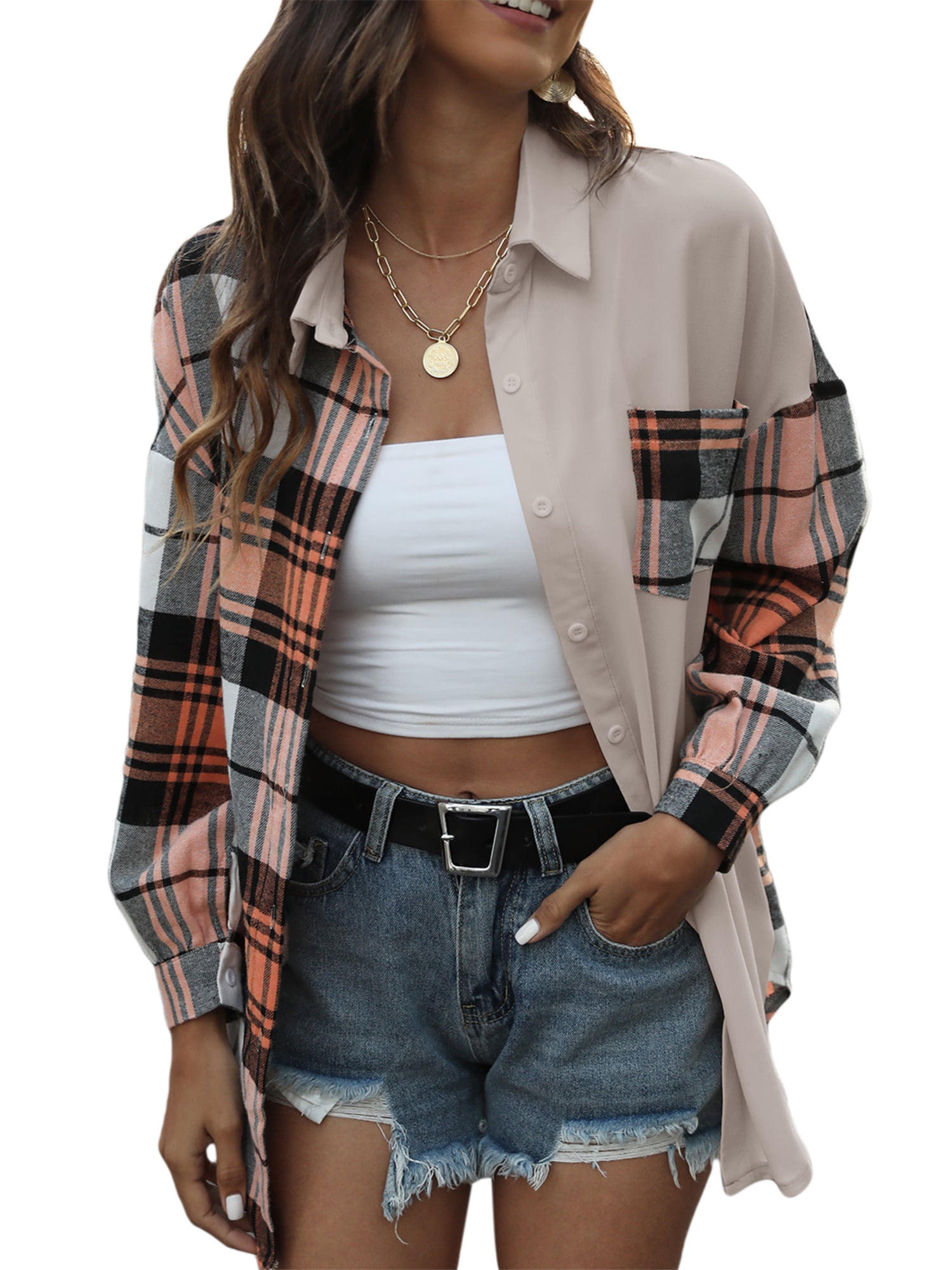 TheFound Womens Cropped Shacket Flannel Jacket Plaid Long Sleeve Button  Down Lapel Fall Crop Flannel Shirt Jacket with Pockets Apricot Plaid S 