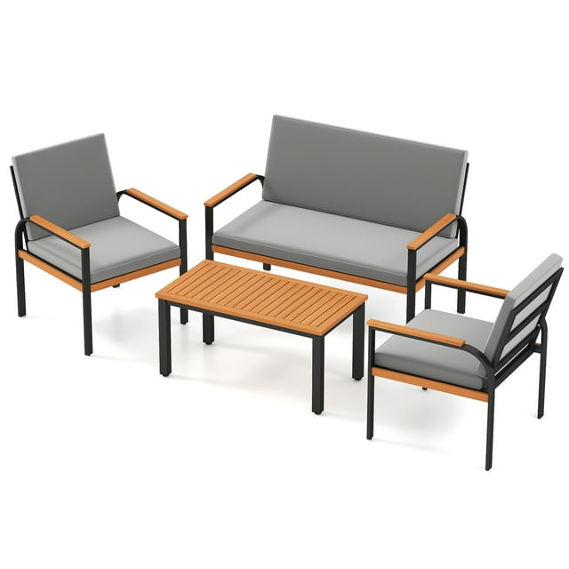 Gymax Ensemble de Mobilier d'Extérieur 4 Pcs avec Table à Café, Causeuse et 2 Chaises Simples pour Véranda, Gris