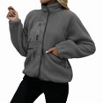 thumbnail image 2 of Womens Fleece Jacket Fuzzy Long Sleeve Short Winter Coats Button Down Jacket Outerwear with Pockets Dark Gray L, 2 of 6