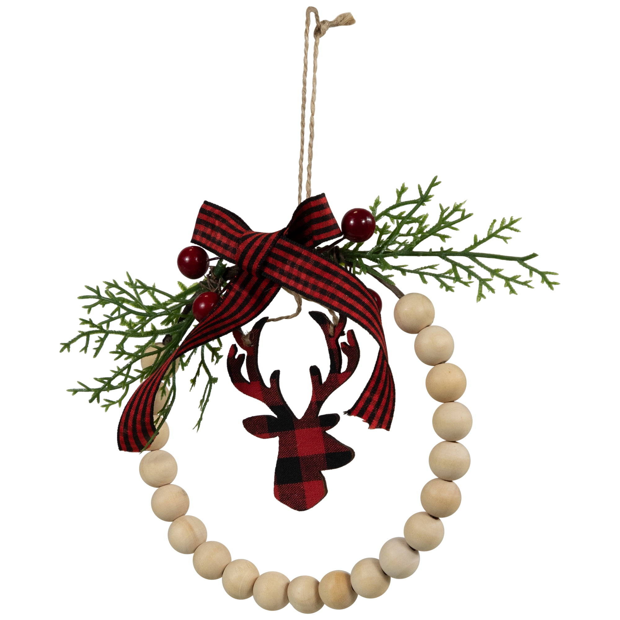 Northlight Plaid Reindeer with Pine and Berries Christmas Wreath Ornament - 7.5"