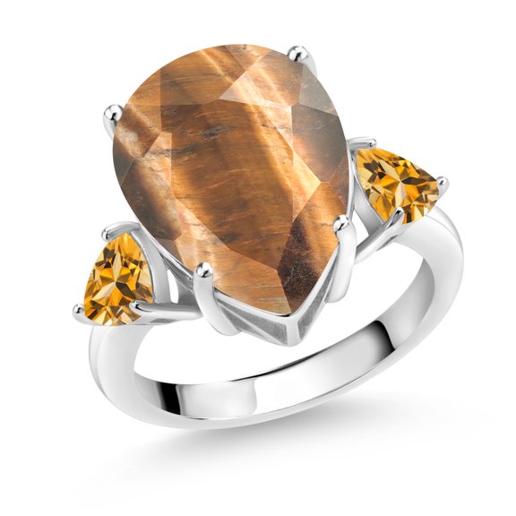 Gem Stone King 7.82 Ct Pear Shape Brown Tiger Eye Yellow Citrine 925 Sterling Silver Ring (Size 6)