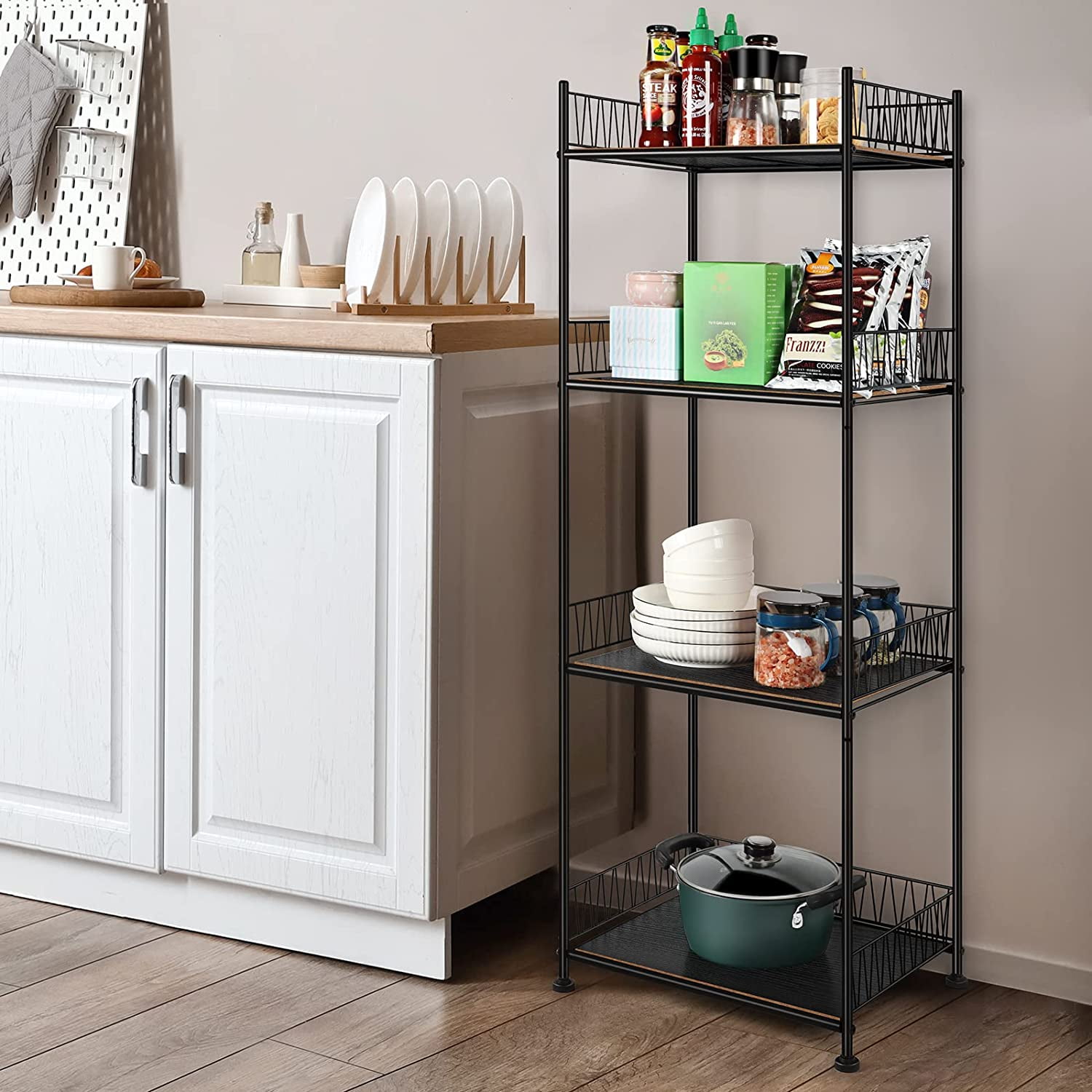 4 Tier Bathroom Storage Rack Metal Shelving Unit Organizer with Wood Shelves, Black