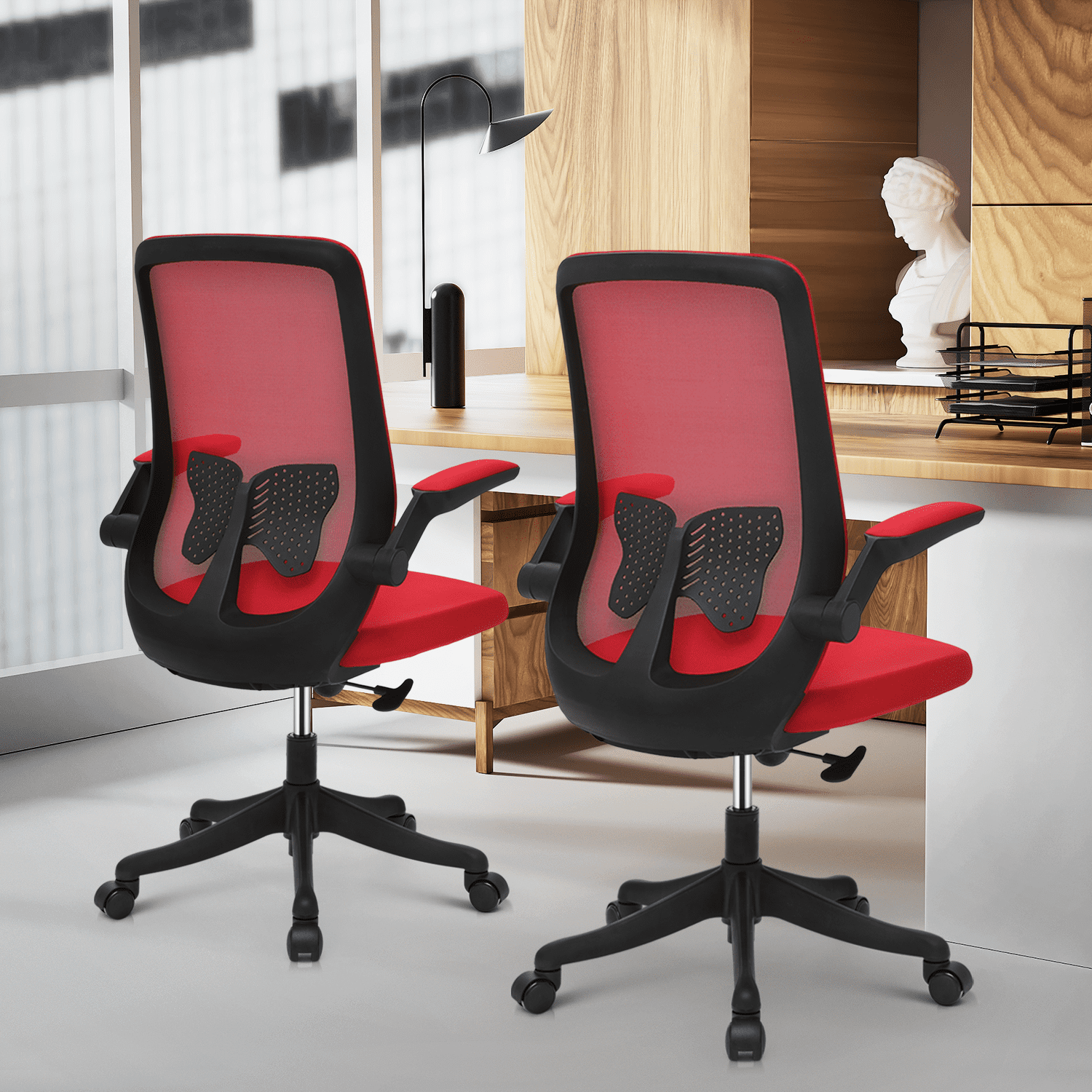Magshion Set of 2 Office Task Chair, Ergonomic Adjustable Reception Seat with Backrest Flip-Up Arms Lumbar Support, Red