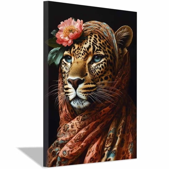 Mudket Framed Leopard with Flower Canvas Wall Art, Elegant Animal Print Wall Decor, Trendy Leopard Pictures Ready to Hang for Girls Bedroom - 12"L x 8"W