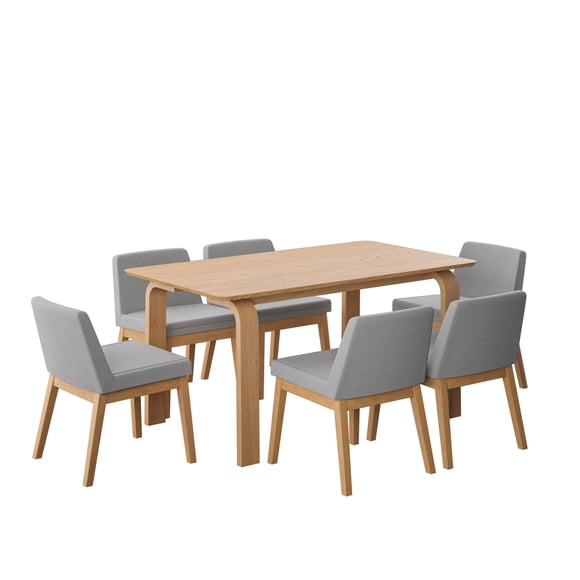 Juego de Comedor de Madera con 6 Sillas Tapizadas para 6 Personas, Mesa y Sillas para Comedor y Cocina, Midtown Concept Amalfi, Roble y Gris Claro