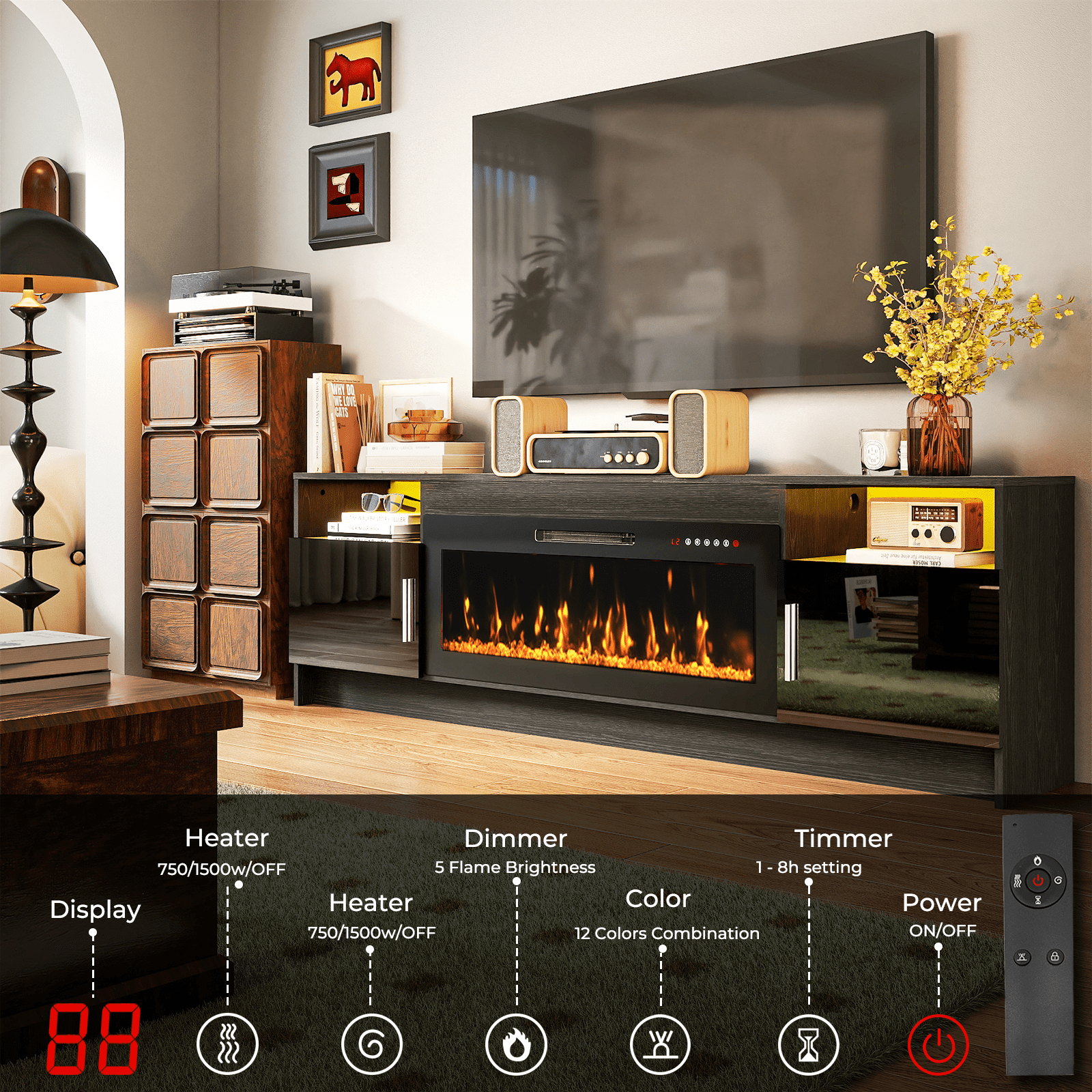 Rocyis Electric Fireplace TV Stand-70 inch TV Stand with 36" Electric Fireplace, Living Room TV Cabinet with Storage for TVs Up to 80", Led Entertainment Center, Modern Media Console, Black