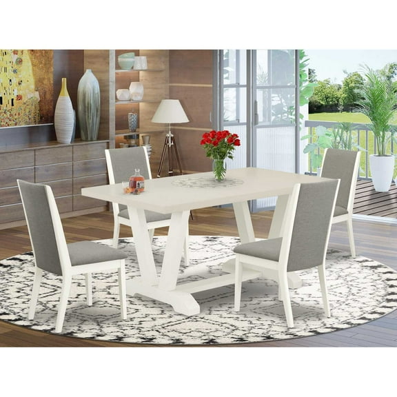 East West Furniture V026LA206-5 5-Piece Fashionable Dining Room Set a Superb Linen White dining table Top and 4 Lovely Linen Fabric Dining Chairs with Stylish Chair Back, Linen White Finish