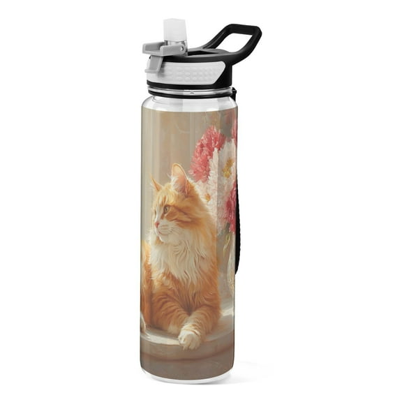 BZSMCE Sport Bottle Cat by Window with Flowers Outdoor sports Water Bottle Size: 10.4x3in