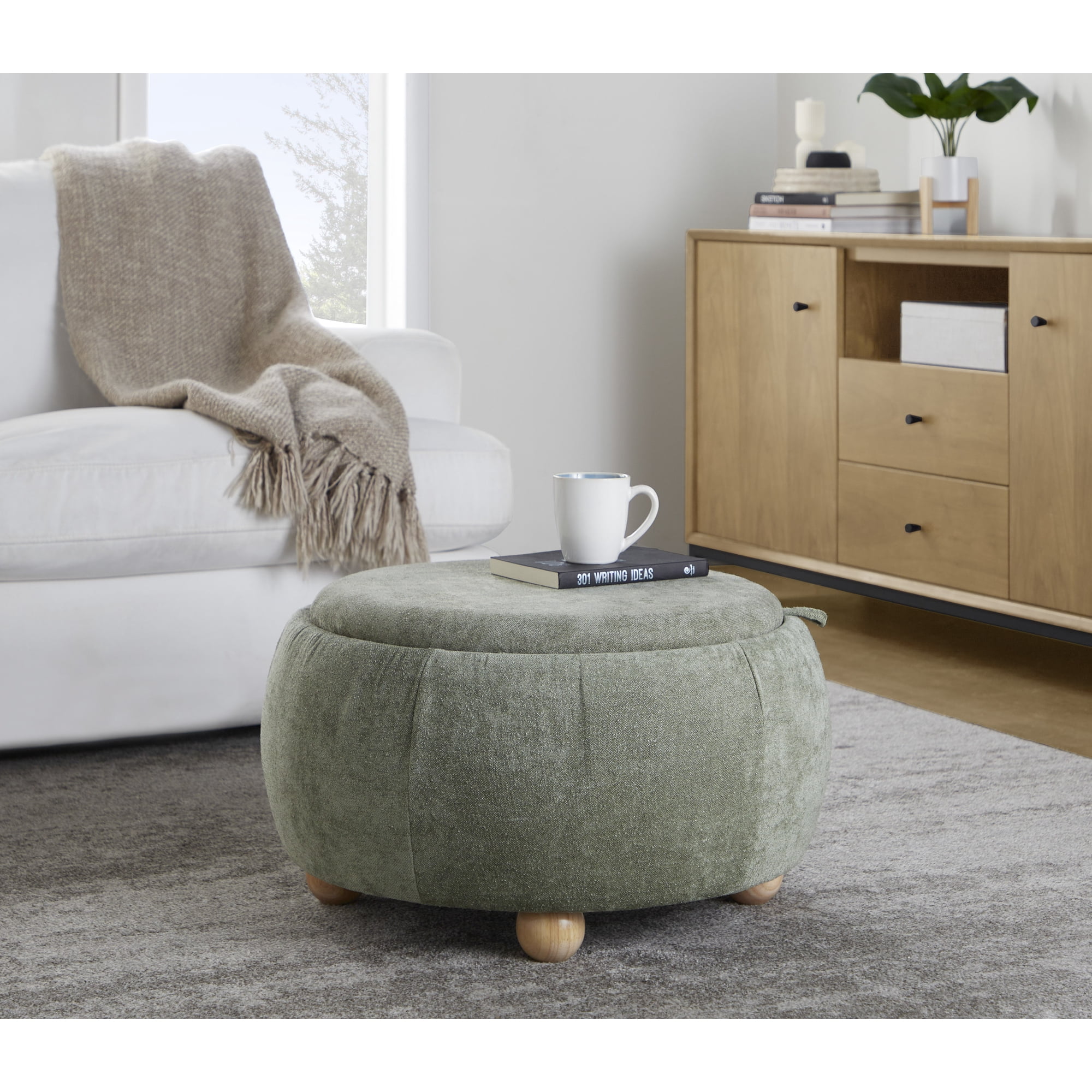Modern Storage Ottoman with Natural Wood Frame and Green Upholstered Fabric for Living Room or Bedroom