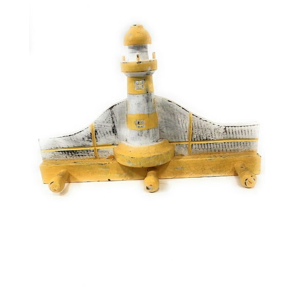 Lighthouse Hanger 12" w/ 3 Pegs - Rustic Yellow Nautical Accent | #ort1700528y