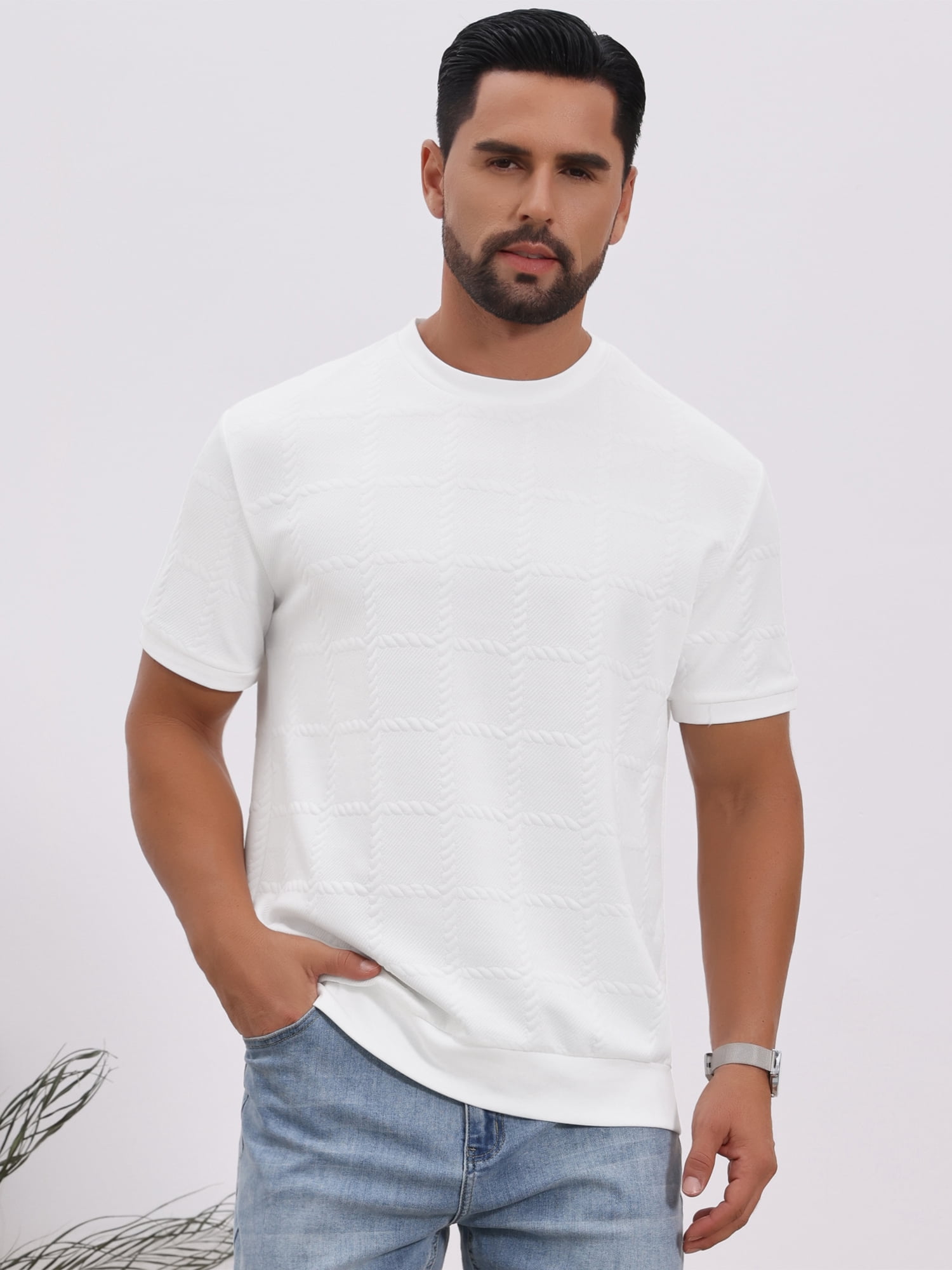 DARING DIVA Men's Jacquard Texture Crew Neck Short Sleeve Knitted T-Shirt S White